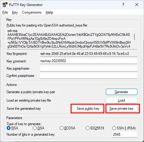 Save public and private ssh key in Puttygen