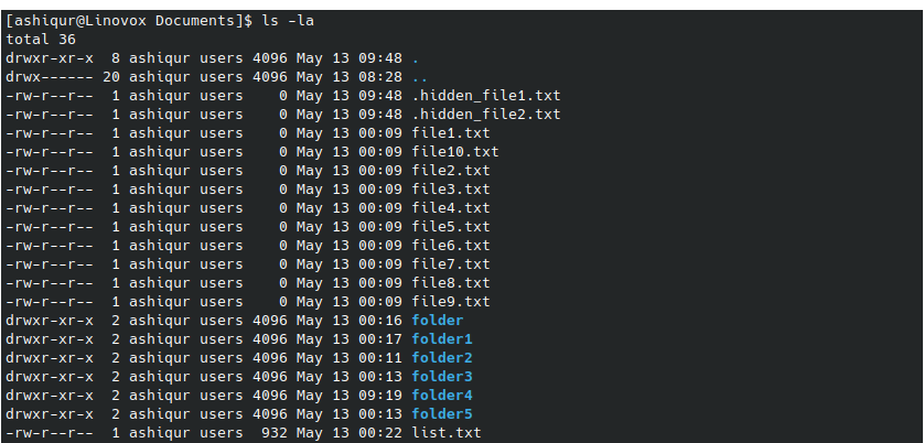 list all files including hidden file ls command in