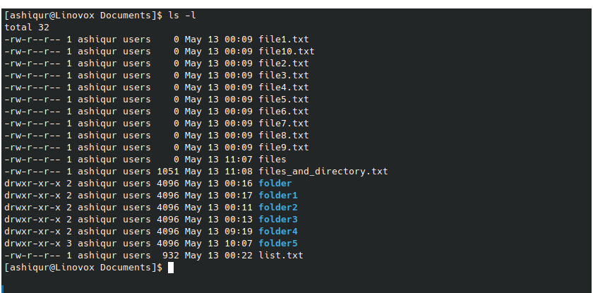 long form output with ls command